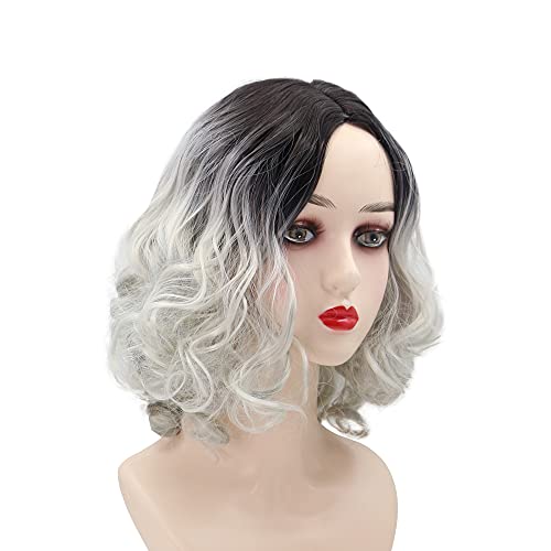 MEIRIYFA Ombre Gray to Black Wig with Bangs ,Short Wavy Bob Wigs for Women Shoulder Length Curly Wavy Wig Heat Resistant Synthetic Wig Daily Party Cosplay Wig 14 Inch