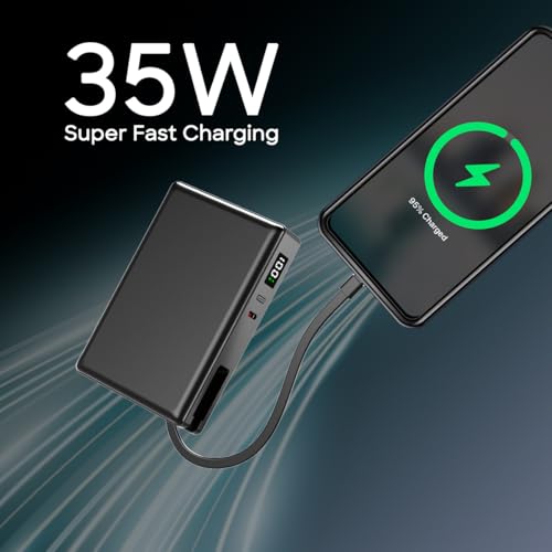 Image of pTron Dynamo Sprint 20000mAh Power Bank w /Built-in Charging Cable, 35W Super Fast Charging, USB Type-C Input Powerbank Compatible with QC3.0 /PD3.0, 3 Charging Outputs, Type-C Input /Output Port(Black)