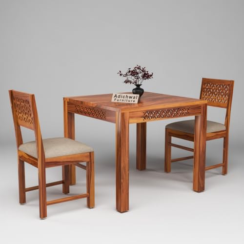 Image of Solid Sheesham Wood 2 Seater Dining Table Set with Cushioned Chairs for Dining Room | Living Room | Home & Office | Hotels Restaurant & Cafe (2 Seater, Honey A)
