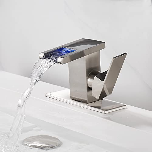 Skybathjoy Led Bathroom Sink Faucet Waterfall With Drian Assembly 1 Hole Brushed Nickel Single Hole Handle Rv Bath Vanity Faucets For Sinks 1 Hole Water Supply Lines, Stainless Steel Spout #TOP4