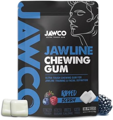 JAWCO Ultra-tough Jawline Chewing Gum | Get a Stronger, Squarer Jawline | Jaw Training Hard Gum | Chisel, Sculpt, Tone your Jaw | 15X Hardness | Facial Fitness Mewing Gum | Ripped Berry (1-Pack)