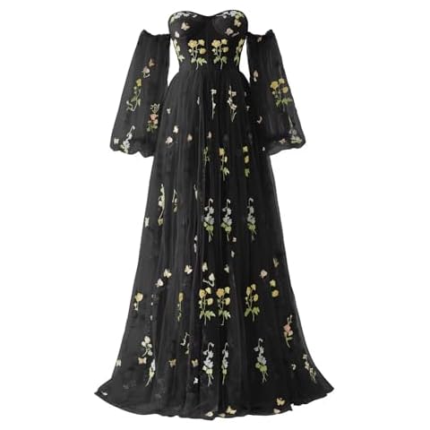 SoDigne Flower Embroidery Tulle Prom Dresses Off Shoulder Black Floral Puffy Sleeve Long Gown A-line Formal Evening Party Dress for Women US14 Cover