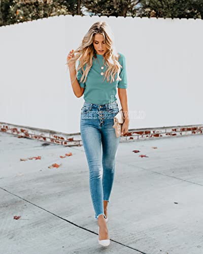 Letsrunwild Mock Turtleneck Cute Dressy Tops For Women Casual Summer Business Tshirts Shirts Blouses Le/Blue Turquoise-M #TOP5