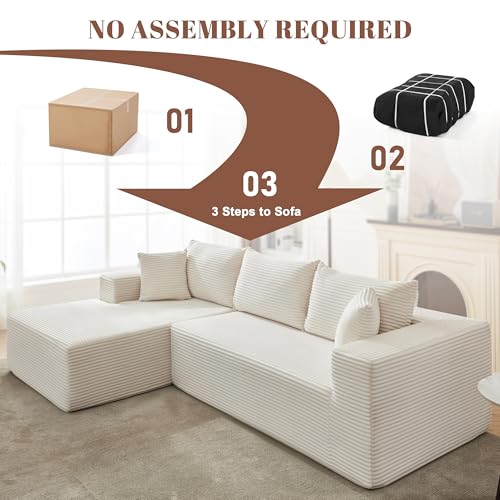 110” Cloud Sectional Couch, Modular Sectional Sofa for Living Room, Boneless Sofa with Deep Seat, Comfy Fluffy Couch with L-Shaped Chaise, No Assembly Required (Left-Facing Chaise, Beige)