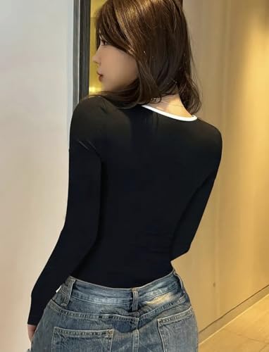 Image of Black Slim Fit Scoop Neck Top, Long Sleeves Top for Women,Front Knot Top