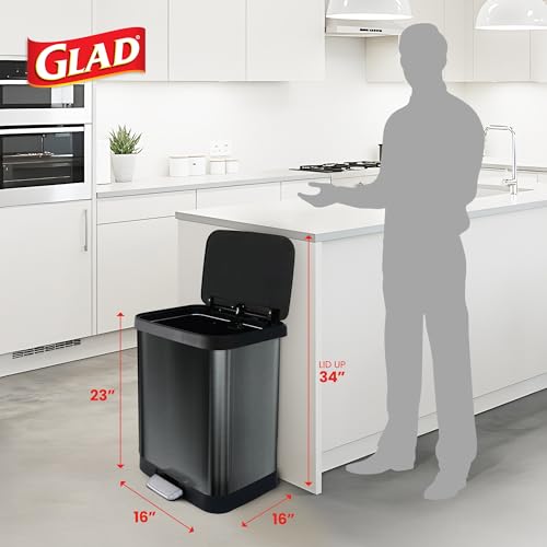 Image of Glad 13-Gallon Stainless Steel Step Trash Can with Clorox Odor Protection, Soft Close Lid, Foot Pedal & Waste Bag Holder - Large Indoor Metal Garbage Bin for Kitchen, Home & Office Use