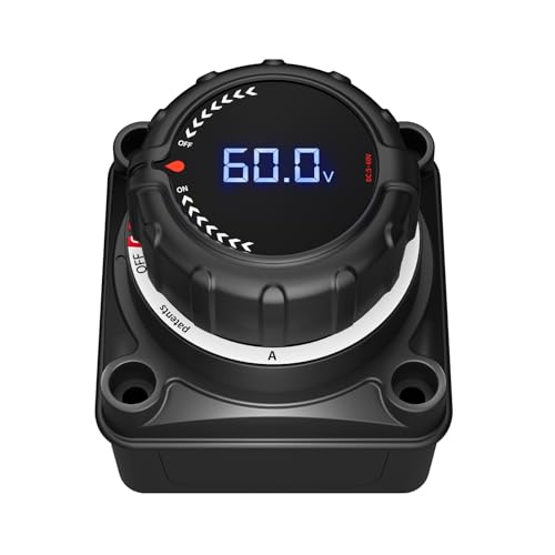 VSTM Upgrade Battery Disconnect Switch with Digital Voltage Display, DC 5-60V, Power Master Isolator Cut Off Switch for Car Truck Marine Boat RV Camper Trailer, Black (On/Off)