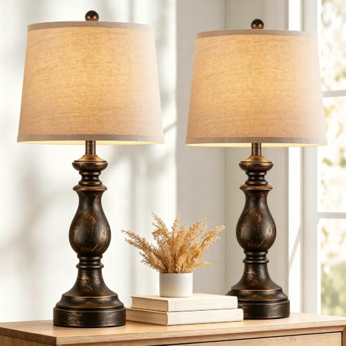 Image of PARTPHONER Traditional Table Lamp Set of 2, Rustic Farmhouse Table Lamps for Living Room Bedroom, 27 inch Bedside Desk Lamps Vintage Nightstand Lamps with Linen Shades, Oil Rubbed Bronze
