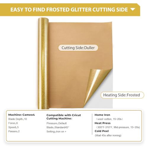 Image of HTVRONT Gold Glitter Heat Transfer Vinyl - 12 inch x 10ft Gold Glitter Iron on Vinyl for Shirts, Glitter HTV Vinyl Rolls for Heat Vinyl Design