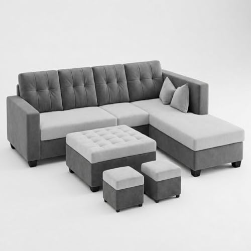 Image of FURNY Nathan 8 Seater L Shape Sofa Set RHS (Light Grey-Dark Grey) | Suede Velvet Finish | Durable Comfort Sofa for Modern Living Room & Office Spaces