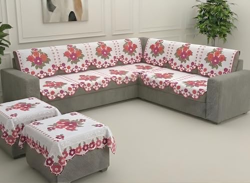 Image of Fab Nation Sofa Cover L Shape 6 Seater with Corner L Type Fully Covered Sofa Set for Living Room | Cotton Sofa Slipcovers for 3 + 3 Seaters Cover + 2 Setty Cover Set | Flower Pink
