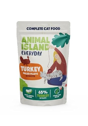 Animal Island Everyday Karma Mokra dla Kotów Dorosłych Szarpane Fileciki z Indyka w Aromatycznym Rosole Pełnoporcjowa Saszetka, 12 x 85g