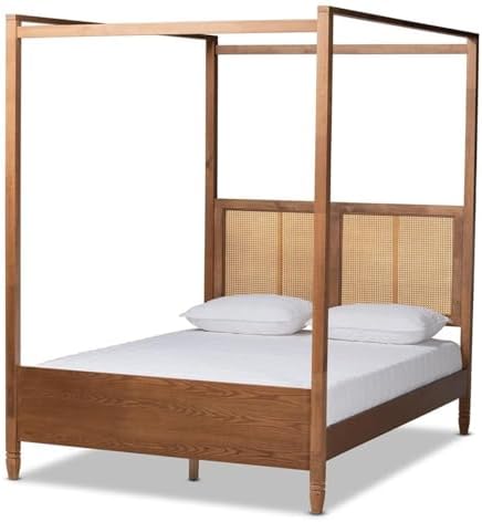 BOWERY HILL Queen Size Canopy Bed, Walnut Brown Finished Wood, Synthetic Rattan Headboard, Rubberwood and Engineered Wood Construction, Contemporary Bedroom Furniture, Sturdy Slat Support, 87.3 in