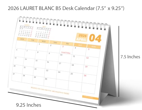 Image of LAURET BLANC Table Calendar 2026 - Size (7.5 inch X 9.25 inch), Monthly Grid View, Notes Section, Home and Office Desk Calendar (A5, E)