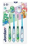 Jordan ® | Step 3 | Cepillo de dientes para niños de 6 a 9 años | Cepillo de dientes para niños con cerdas suaves, mango ergonómico doble y sin BPA | Color azul y amarillo | Pack de 4 unidades