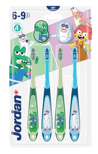 Jordan ® | Step 3 | Cepillo de dientes para niños de 6 a 9 años | Cepillo de dientes para niños con cerdas suaves, mango ergonómico doble y sin BPA | Color azul y amarillo | Pack de 4 unidades