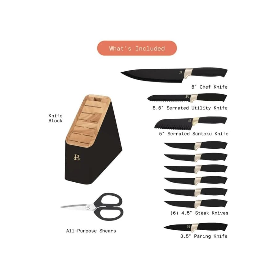 12-Piece Stainless Steel Knife Set with Block and Soft Grip Handles – Black Sesame by Drew Barrymore