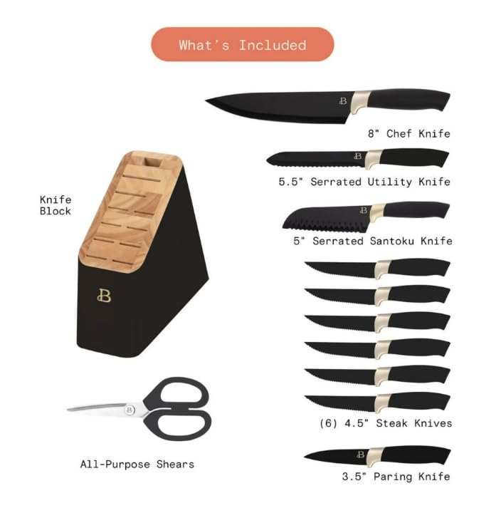 12-Piece Stainless Steel Knife Set with Block and Soft Grip Handles – Black Sesame by Drew Barrymore