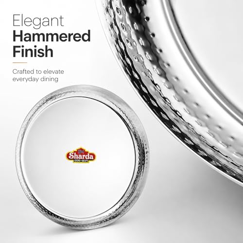 Image of Sharda Metals Stainless Steel Round Hammered Thali Plates | Elegant Mathar Dinner & Lunch Plates | Traditional Indian Serveware for Home & Kitchen, Dining Table, Festive & Diwali Gifting - Set of 6