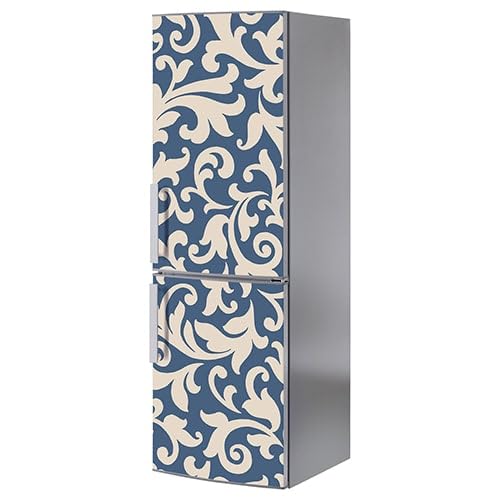 Sticker réfrigérateur et lave vaisselle, Design baroque motif blanc sur fond bleu, 180 cm X 59,5 cm