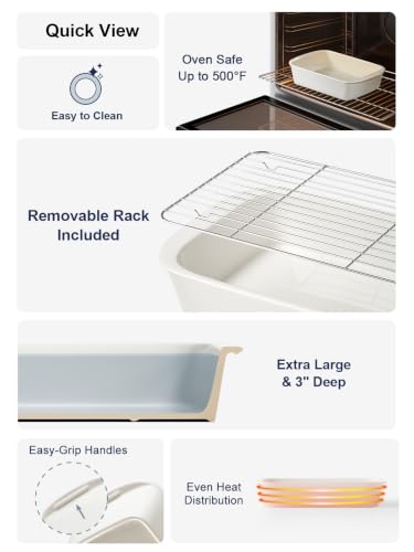 Image of LE TAUCI 9x13 Ceramic Casserole Dish with 304 Stainless Rack, 4.6 Qt, White | 15.7 In Handle to Handle, Deep 4.6 Qt Baking Dish, 304 Stainless Steel Rack, Lead-Free Glaze, Oven Safe to 500F
