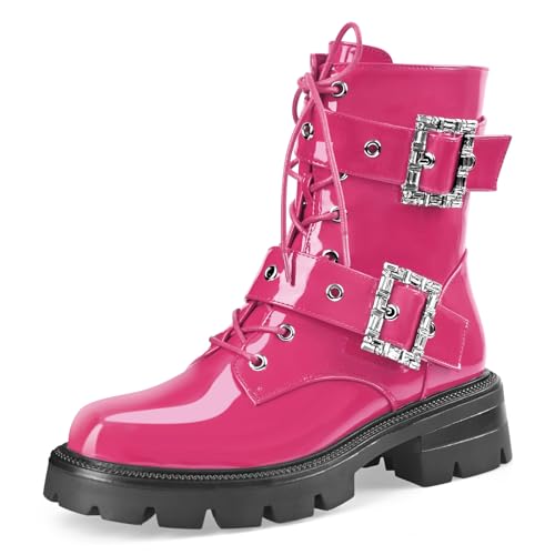 Women's Hot Pink Patent Leather Platform Lug Sole Low Chunky Heel Combat Boots Slip on Buckles Fashion Ankle Booties(Hot Pink,8)
