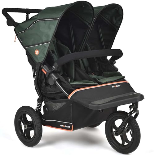 Image of Out’n’About Nipper Double V6 Pushchair | Lightweight All-Terrain 3 Wheel Double Buggy & Rain Cover | 12” Air-Filled Tyres, 71cm Wide, Compact Fold Stroller, Pram | Newborn to 4yrs (Sycamore Green)