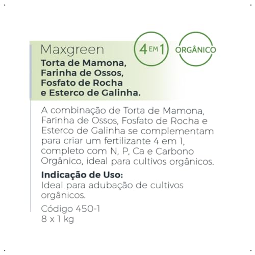 Maxgreen 4em1 1Kg - Torta de Mamona + Farinha de Osso + Fosfato de Rocha + Esterco de Galinha - Pouc
