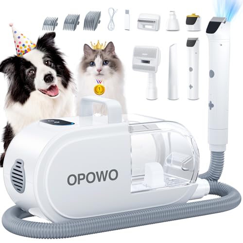 OPOWO Dog Grooming Vacuum, Low Noise Pet Grooming Kit with Dog Clipper Paw Trimmer Nail Grinder, 3 Suction Levels, 2.7L Pet Hair Vacuum with 7 Pet Grooming Tools for Shedding Pet Hair, Home Cleaning