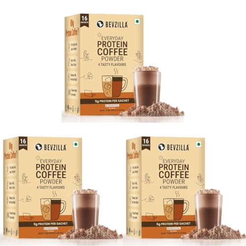 Image of Bevzilla Everyday Protein Instant Coffee Powder Sachets |160 GM(16x10g)| 5g Protein Each | Arabica Coffee | No Added Sugar | Hot & Cold Coffee Premix for Energy & Fitness (Pack of 3)