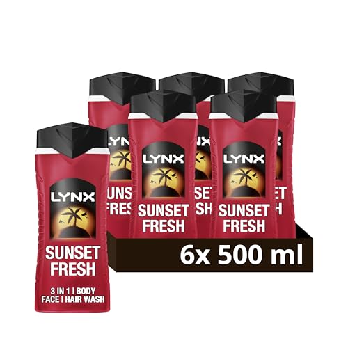 Lynx Sunset Fresh 3-in-1 Body Wash Men's Hair, Face and Body Cleanser with a mango & mandarin scent for all-day freshness 6x 500 ml