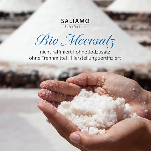 Saliamo | 900g BIO Meersalz fein, feines BIO Meersalz aus Spanien, Natursalz ohne Zusätze, unraffiniert, nicht jodiert, ohne Rieselhilfe, Premium Naturprodukt mit feiner Körnung