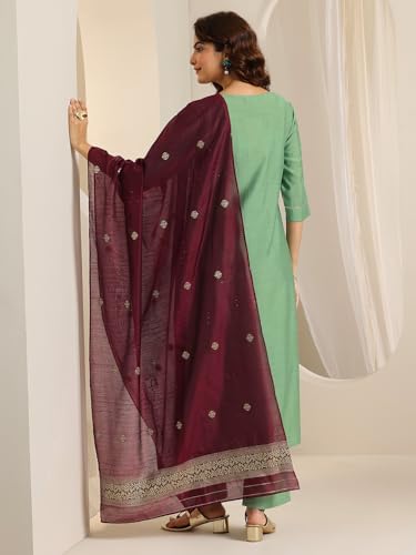 Image of Libas Green Yoke Design Silk blend Straight Kurta set for Women | daily wear suit