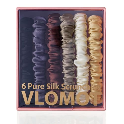Image of VLOMOT 6 Pcs Set 100% Pure Mulberry Silk Hair Scrunchies Silk Hair Ties with 6 Chic Colors Everyday Skinny Scrunchies Silk Ponytail Holders Hair Care No Damage (Chocolate)