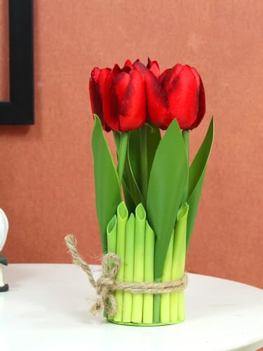 Image of TIED RIBBONS Artificial Tulip Flowers for Decoration (Red, 24.5 cm x 6.3 cm) Decorative Items for Home Decor Table Living Room Office Gifting