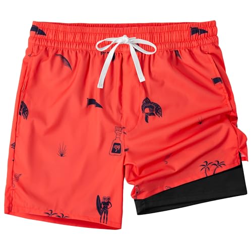 Image of XOMZG Men's Swim Trunks, 2 in 1 Bathing Suits Quick Dry Beach Hawaiian Board Shorts with Pockets
