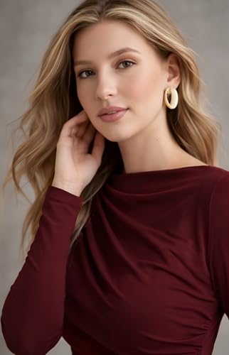 Image of SIGHTBOMB SOFTLINE Boat Neck Low Neck Drape Look Gathered Waterfall Afford LUX Edition Formal WEAR Long Sleeve Feather Touch TOP for Women