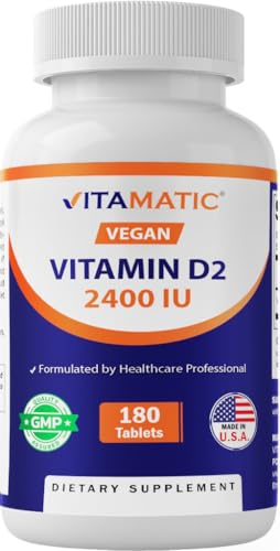 Vitamatic Vitamin D2 60 mcg (2400 IU) - Ergocalciferol - 180 Vegetarian Tablets (180 Tablets (Pack...