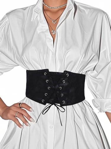 Women's Stretchy Tied Black Genuine Leather Waspie Belts Genius, Wide Halloween Dress Cincher Waist Belt2