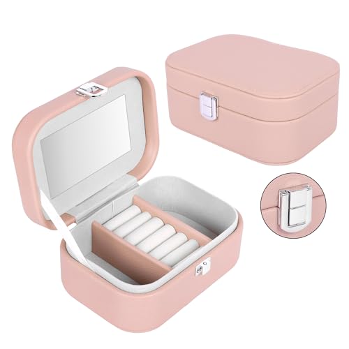 Image of BucketList PU Leather Jewellery Organizer Box with Mirror | Travel-Friendly Jewelry Storage Case with Ring Slots & Secure Lock (Travel Jewellery Box with Mirror (Pink))