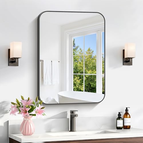 CIVENO Bathroom Mirror, 18 x 24 inch Metal Framed Black Rectangle Mirror, Rounded Corner Rectangular Vanity Mirror, Wall Mounted Mirror for Modern Bedroom Living Room Hangs Horizontal or Vertical