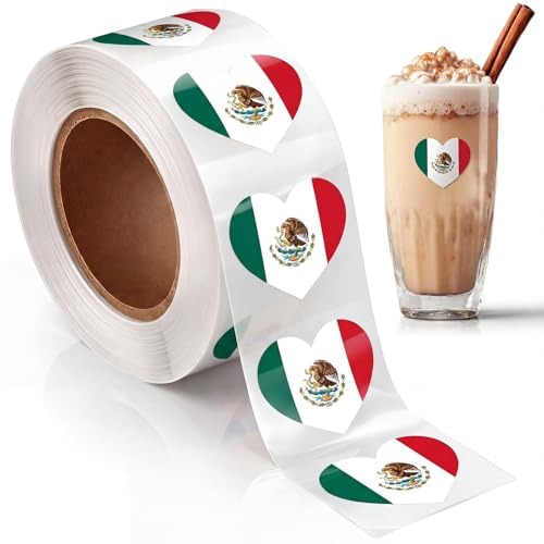 Frienda 500 Sheets Mexico Stickers Mexican Flag Heart Stickers Waterproof for Coquito Bottles Water Bottles Mexico Theme Party Decorations Birthday Supplies