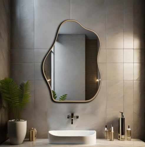 Image of Alfa Design Asymmetrical Gold Irregular Wall Mounted Mirror | Wooden Frame | Aesthetic Decor Bathroom Vanity Mirror, Farmhouse, Living Room, Bedroom & Entryway Irregular Gold (29 x 21 inch)