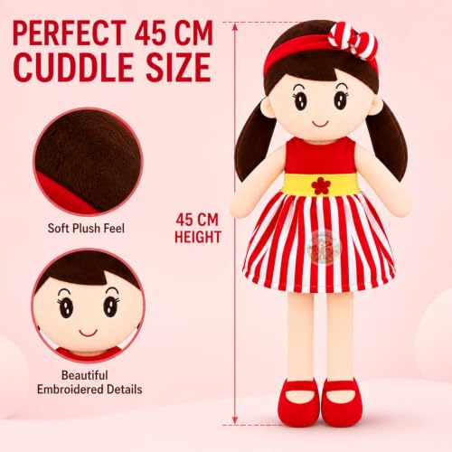 Image of Cute Doll 45 cm for Kids, Soft Plush Doll with Stylish Dress, Huggable Stuffed Toy for Girls and Boys, Birthday Gift, Room Decor & Pretend Play and Storytelling Companion, Red Soft Toy