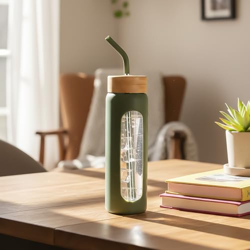 Image of 24 oz Glass Water Bottle with Straw - 2 Lids (Bamboo & Spout Lid), Motivational Borosilicate Glass Daily Water Intake Bottle with Time Marker, Silicone Sleeve for Gym Home Office-Olive
