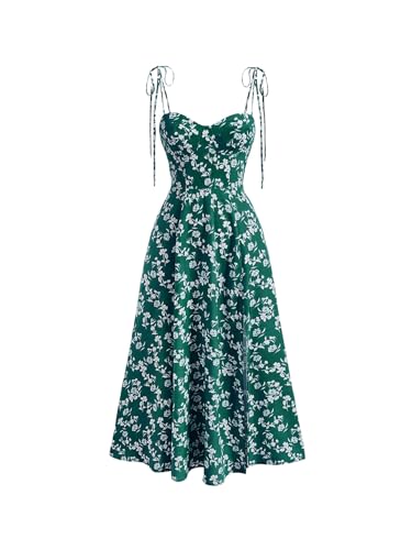 Image of SHENHE Women's Floral Bustier Corset Dress Tie Shoulder Smocked Flowy Boho Long Dress Sundress