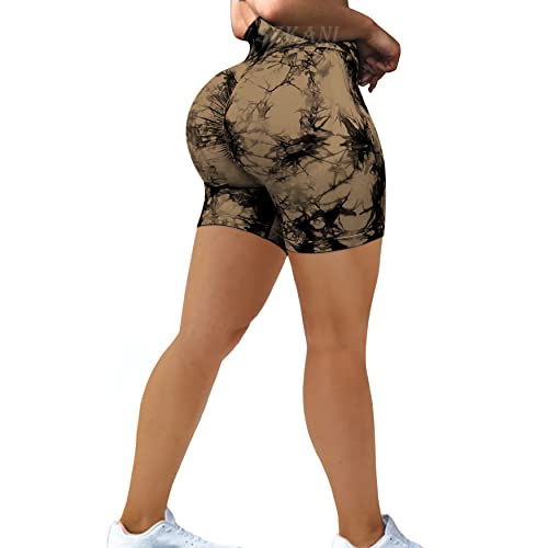 Tie Dye Seamless Workout Shorts Scrunch Butt Lifting Biker Shorts High Waisted Yoga Shorts For Women((F-Tie Dye)-Black Brown,Large) #TOP16