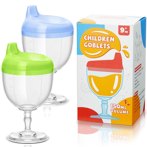 Irenare 2 Pcs Baby Wine Sippy Cup Plastic Goblet Cup No Spill Toddler Sippy Goblet Beverage Milk Water Bottle for Kids Holiday Birthday Party Funny Gift (Goblet Style Blue Green)
