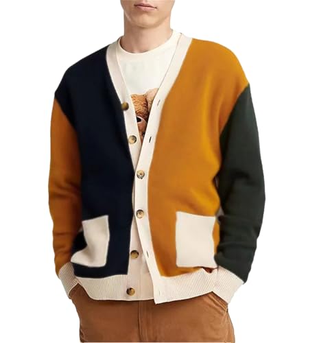 Men’S Loose Casual Brushed Knit Cardigan Striped Plush V-Neck Sweater High Street Single Breasted Fleece Lined Top - Main Image