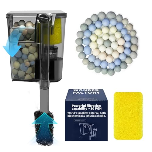 Image of Wonderfactory Small Aquarium Filter 1 to 5 Gallon Fish Tank, 80 GPH HOB Hang on Back Included Sponge Ceramic Media Biological Material Filtration Water Pump Flow Adjustable